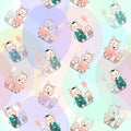 Baby piglets family seamless pattern. Mom, dad and piglets son and daughter are painted on colorful balloons.